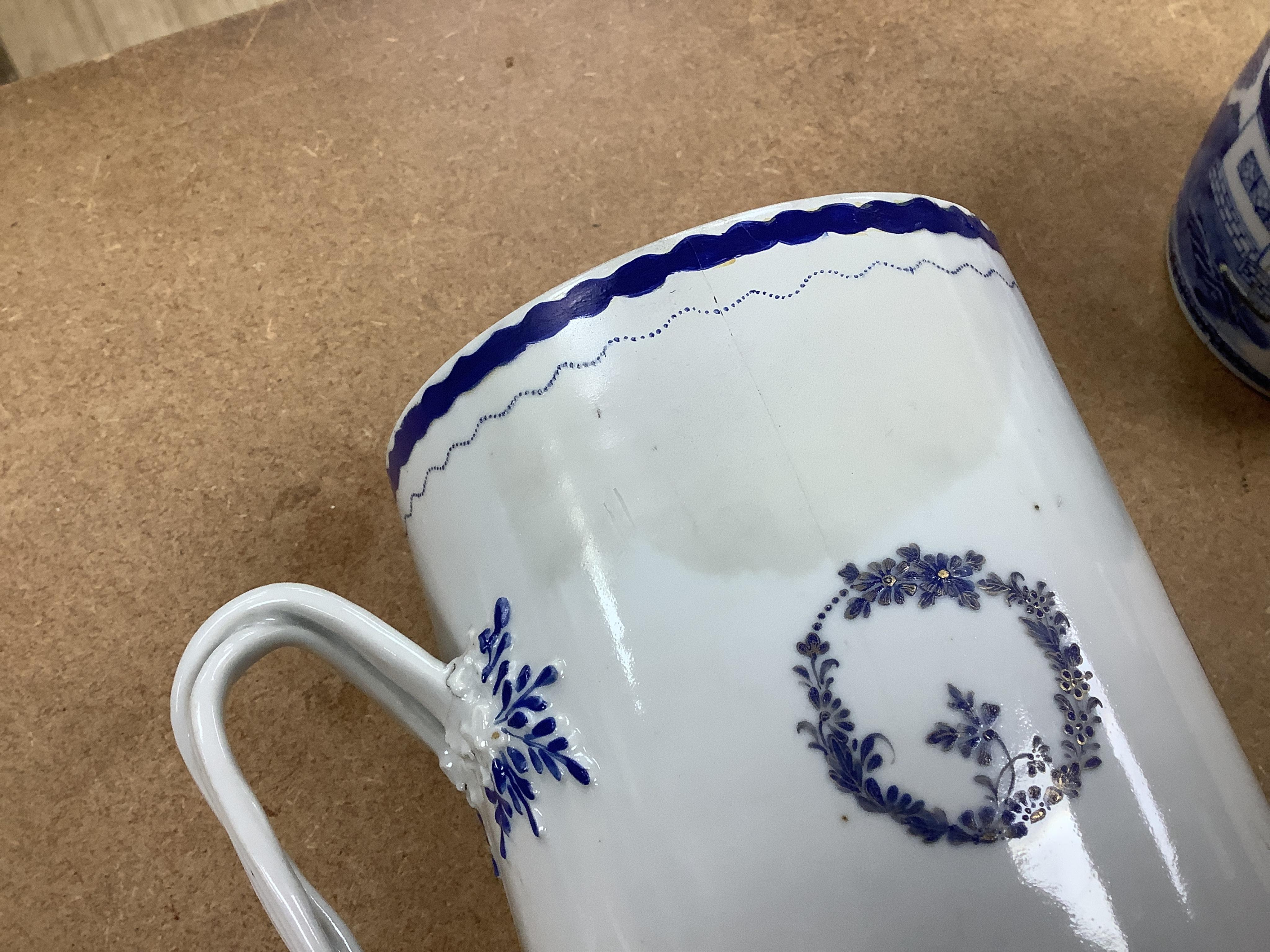 Four 18th century Export and later Chinese mugs to include a blue and white example, (a.f), largest 15cm high
